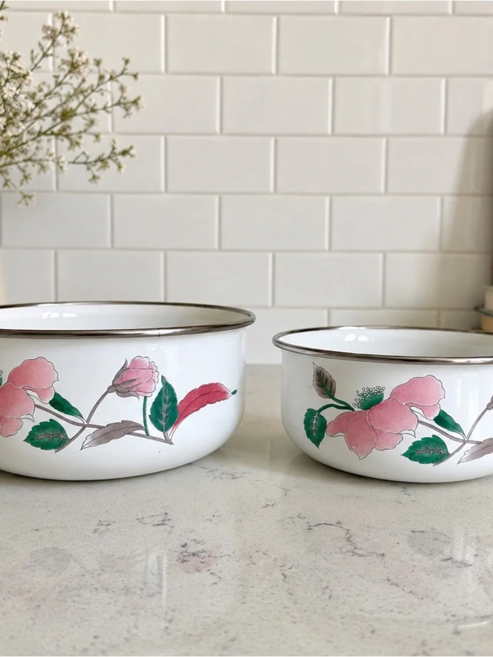 Vintage Mikasa Metal Bowls Set of 2 | Pink Floral Enamel Bowls